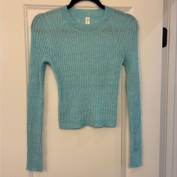 ANTHROPOLOGIE Daily Practice Long Sleeve Cropped Ribbed Sweater Teal Women’s XS - Picture 1 of 6